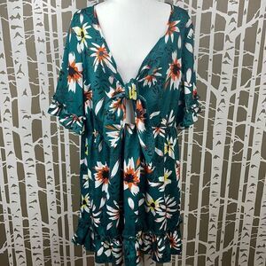 SHEIN Curve boho dark green floral print ruffle trim peek-a-boo tie front dress